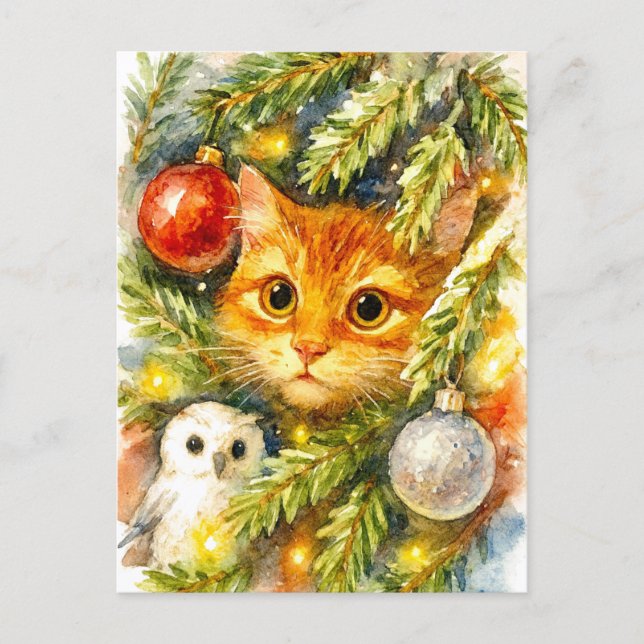 Watercolor Christmas Cat Postcard (Front)