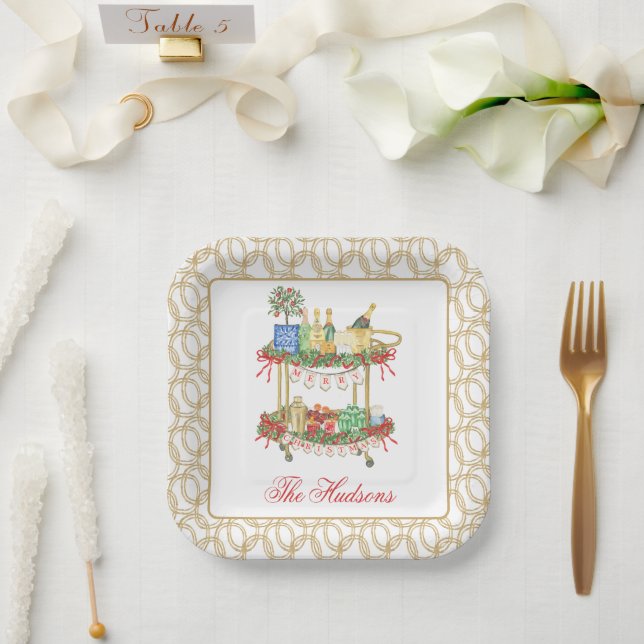 Watercolor Christmas Champagne Bar Cart Paper Plate (Wedding)