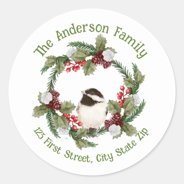 Watercolor Christmas Chickadee Bird Nature Art Classic Round Sticker (Front)