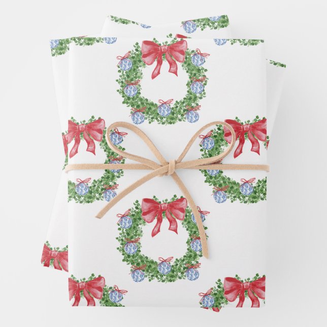 Watercolor Christmas Chinoiserie Ornament Wreath Wrapping Paper Sheet (In situ)