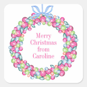 Watercolor Christmas Colourful Baubles Wreath Square Sticker