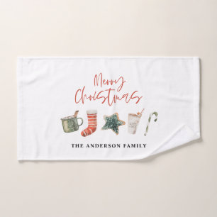 Watercolor Christmas cookie drinks candy cane Hand Towel