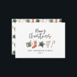 Watercolor Christmas cookie drinks candy cane Holi Holiday Card<br><div class="desc">A fun festive design featuring watercolor winter favourites - hot chocolate,  candy cane,  stocking. Merry Christmas in contemporary script font,  perfect to celebrate the holiday season. can be edited,  part of a collection.</div>