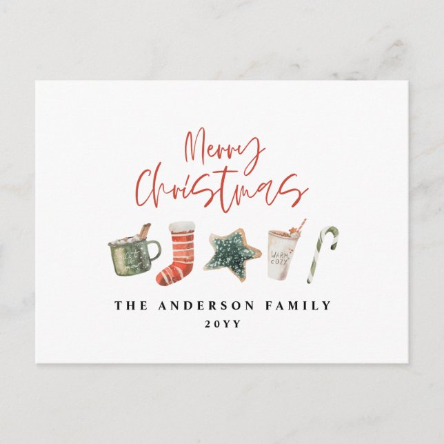 Watercolor Christmas cookie drinks candy cane  Holiday Postcard (Front)