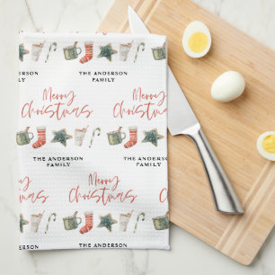 Watercolor Christmas cookie drinks candy cane Tea Towel