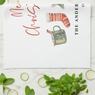 Watercolor Christmas cookie drinks candy cane  Tea Towel