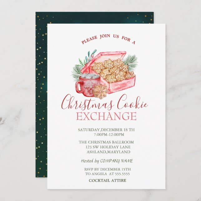 Watercolor Christmas Cookie Stars Green Christmas Invitation (Front/Back)