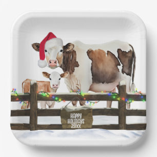 Watercolor Christmas Cows With Santa Hat Paper Plate