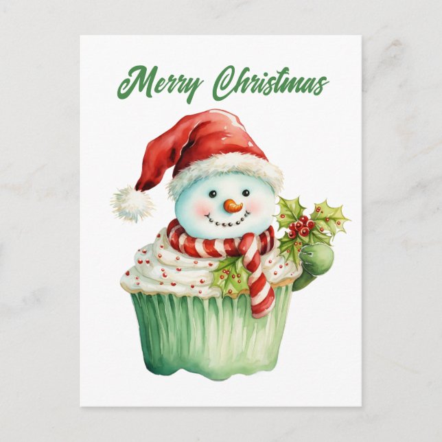 Watercolor Christmas cupcake add text Holiday Postcard (Front)