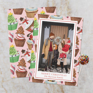 Watercolor Christmas Cupcakes Photo Holiday Card