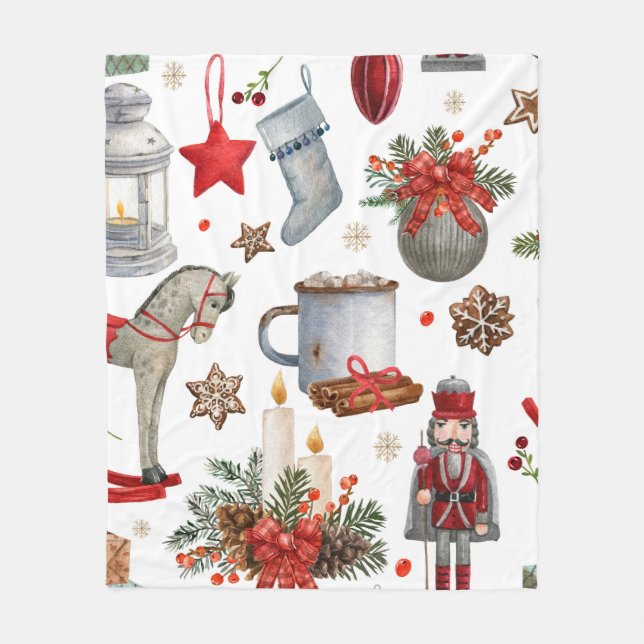 Watercolor christmas decoration pattern fleece blanket (Front)
