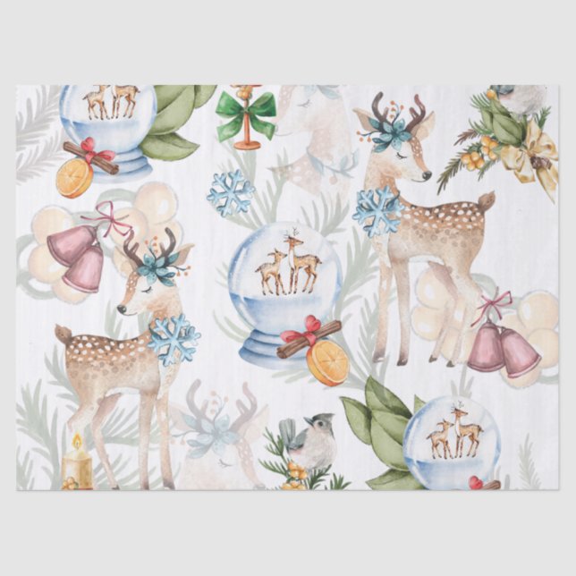 Watercolor Christmas Deer and Winter Bird Tissue Paper (Front)