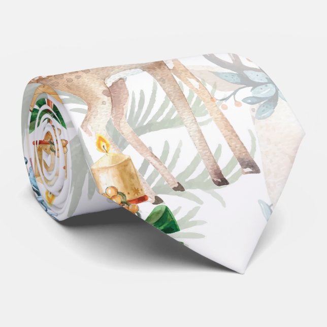 Watercolor Christmas Deer Winter Bird Tie (Rolled)
