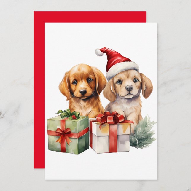 Watercolor Christmas Dog with Gifts  Invitation (Front/Back)