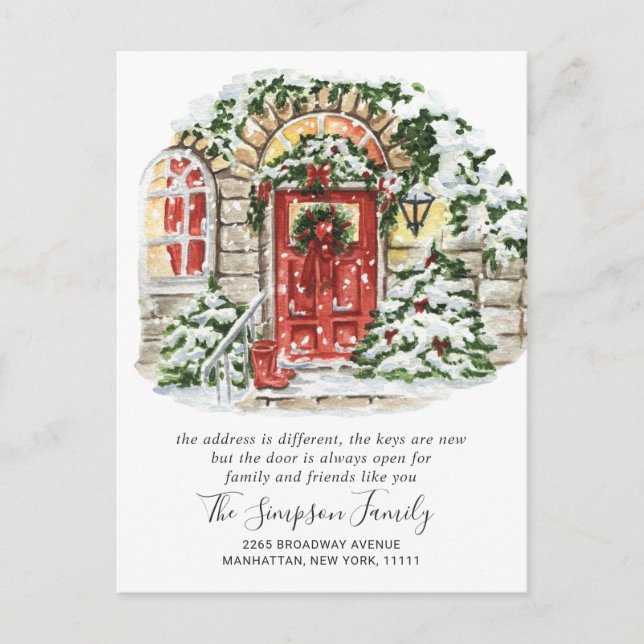 Watercolor Christmas Door  Moving Announcement Pos Postcard (Front)