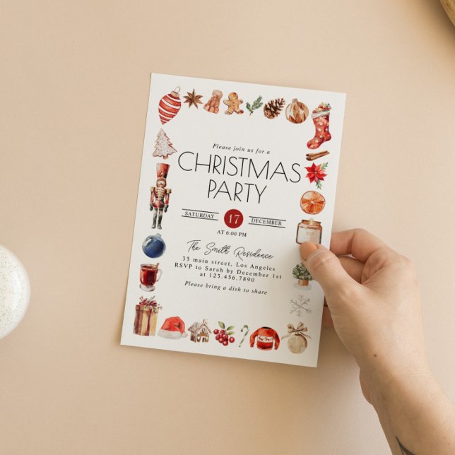 Watercolor Christmas Elements Dinner Party Invitation (Creator Uploaded)