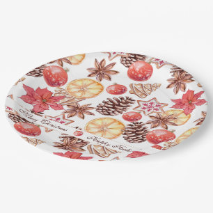 Watercolor Christmas Elements Seamless Pattern Paper Plate