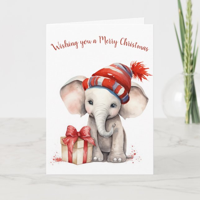 Watercolor Christmas Elephant With Hat Holiday Card (Front)