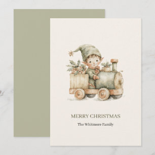 Watercolor Christmas Elf Vintage Toy Train Holiday Card