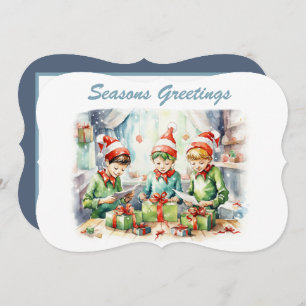 watercolor Christmas elf wrapping gifts add text Holiday Card