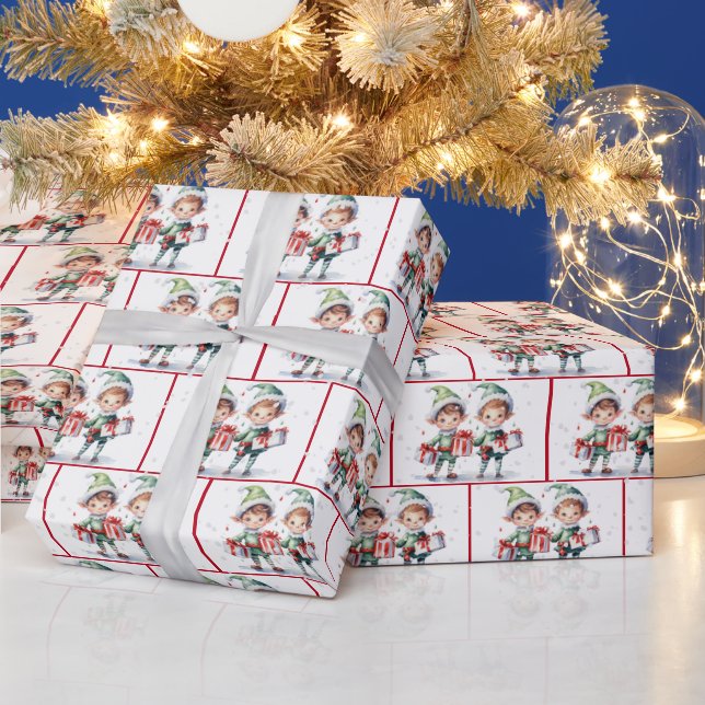 Watercolor Christmas Elves In Snowflakes Wrapping Paper (Holidays)