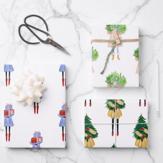 Watercolor Christmas Fashion Girls Wrapping Paper Sheet (Front)