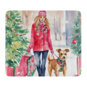 Watercolor Christmas Fashion Shopping Girl Cutting Board