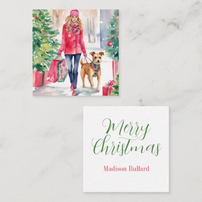 Watercolor Christmas Fashion Shopping Girl Gift Card (Front/Back)