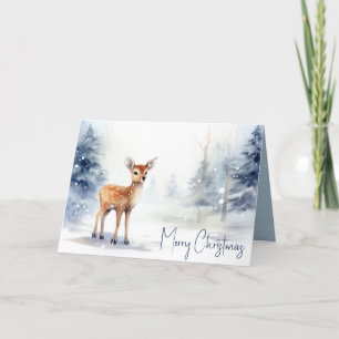 Watercolor Christmas Fawn In Snow Holiday Card