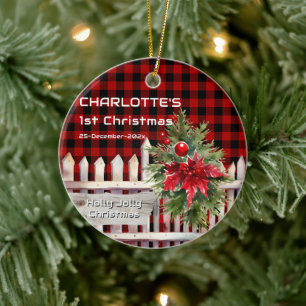 Watercolor Christmas Fence Buffalo Plaid Ornament