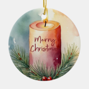 Watercolor Christmas Festive Candle Illustration Ceramic Tree Decoration