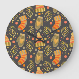 Watercolor Christmas: Festive Seamless Pattern. Large Clock