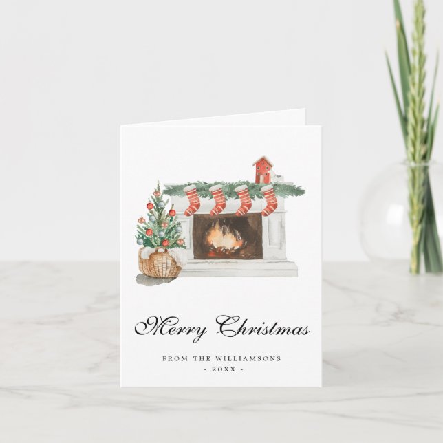 Watercolor Christmas Fireplace Card (Front)