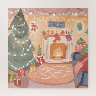 Watercolor Christmas Fireplace Card Jigsaw Puzzle