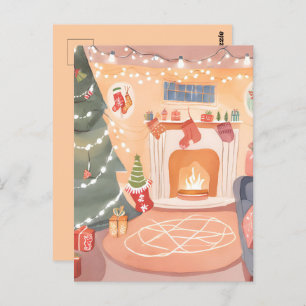 Watercolor Christmas Fireplace Postcard