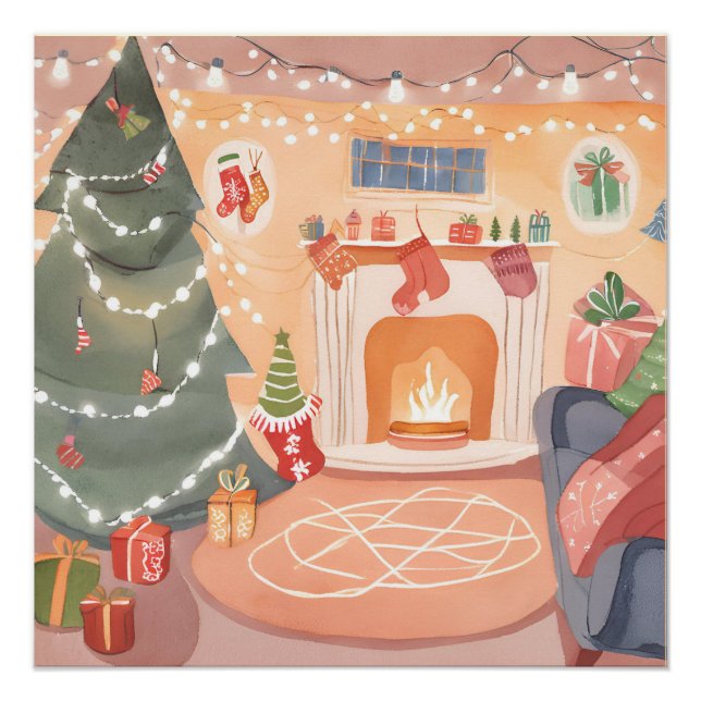 Watercolor Christmas Fireplace Poster (Front)