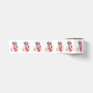 Watercolor Christmas Flamingo Santa Hat Pattern Satin Ribbon
