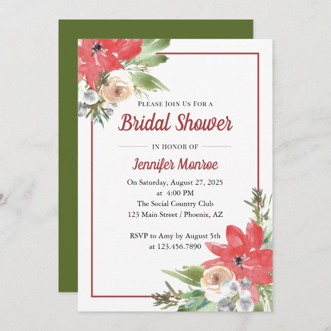 Watercolor christmas floral bridal shower invitation (Front/Back)