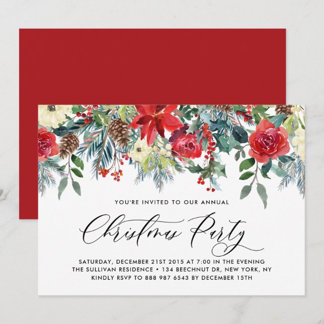 Watercolor Christmas Floral Garland Holiday Party Invitation (Front/Back)
