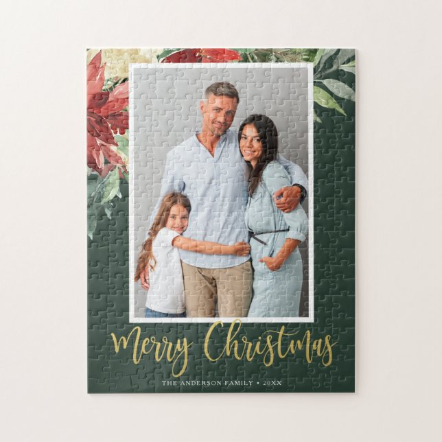 Watercolor Christmas Floral Green Family Photo Jigsaw Puzzle (Vertical)