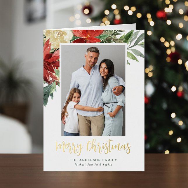 Watercolor Christmas Floral Photo Gold Foil Holiday Card (Creator Uploaded)