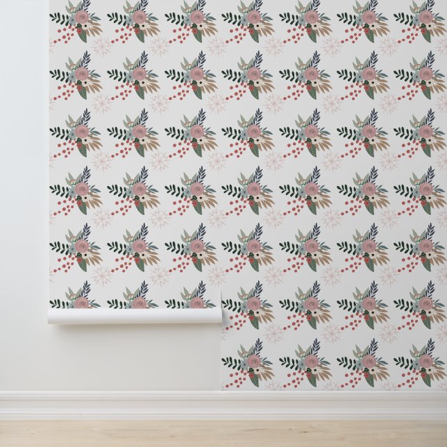 Watercolor Christmas Floral Pink and Green Wallpaper (Application)