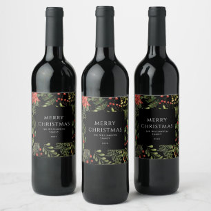 Watercolor Christmas Floral Red Berries Wine Label