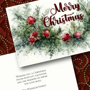 Watercolor Christmas Floral Spray Red Green Card
