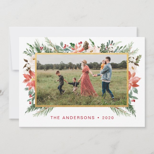 Watercolor Christmas Floral w/ Gold  Photo Holiday Card (Front)