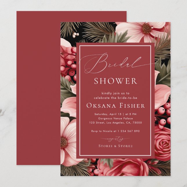 Watercolor Christmas Floral Winter Bridal Shower Invitation (Front/Back)