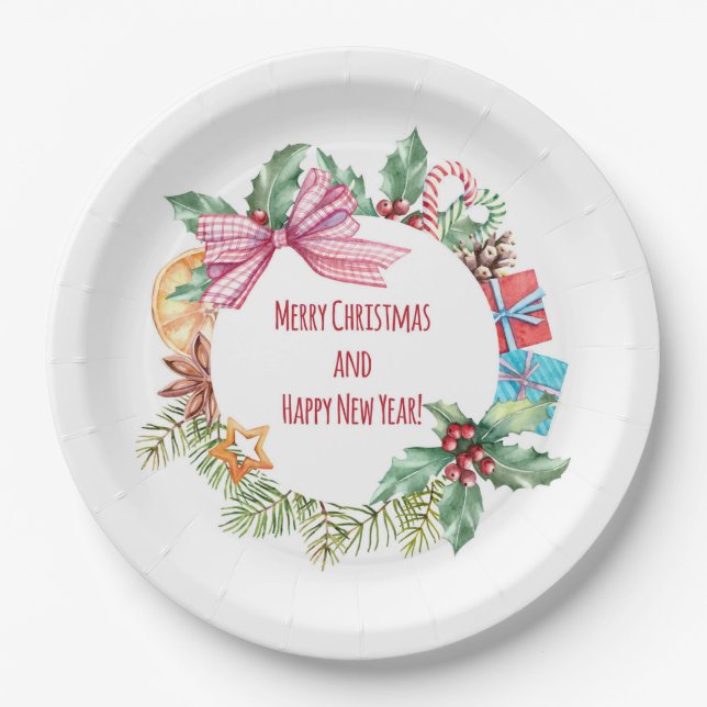 Watercolor Christmas Floral Wreath | Holidays Paper Plate (Front)