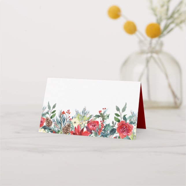 Watercolor Christmas Flowers & Pine Cones Garland Place Card (Front)