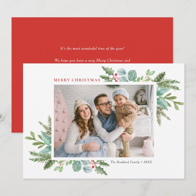 Watercolor Christmas Foliage and Holly Photo Holiday Card (Front/Back)