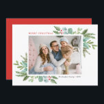 Watercolor Christmas Foliage and Holly Photo Holiday Card<br><div class="desc">Merry Christmas! Send holiday wishes to family and friends with this greenery holiday flat card. It features watercolor illustration of hollies,  pine needles and eucalyptus and evergreen with classic typography. Personalise by featuring your favourite photo and adding names and message. Matching items are available.</div>